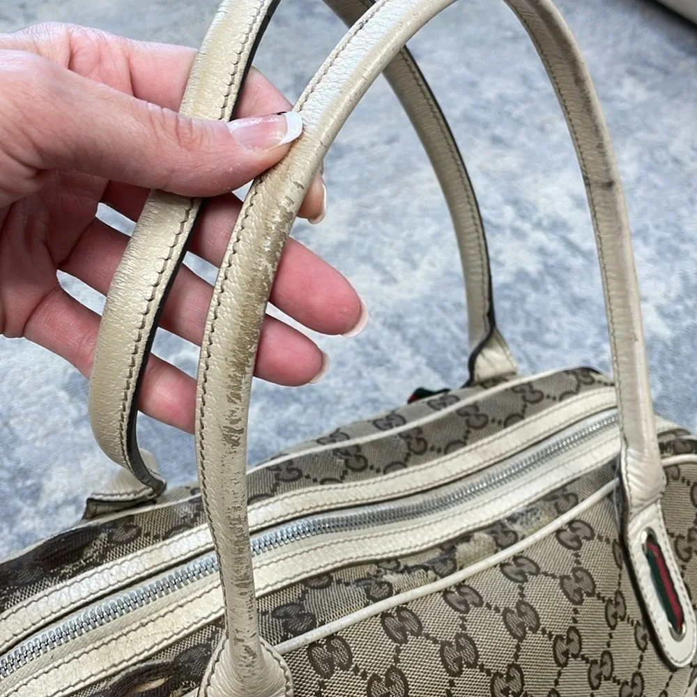 Vintage Gucci Princy GG Monogram Logo Sherry Line Web Shoulder Bag Tan Ivory